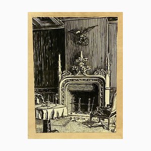 Marcel Chanargue, Interior con chimenea, dibujo a tinta