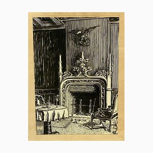 Marcel Chanargue, Interior with Fireplace, Ink Drawing