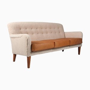 Danish 3-Seater Sofa in Lambswool and Aniline Leather, 1940s