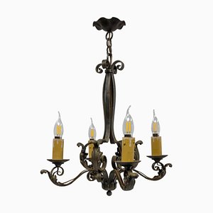 French Art Deco Lustre Wrought Iron Acanthus Leaves Chandelier, 1930s