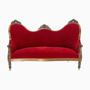 19th Mid-Century French Walnut Red Sofa from Louis Philippe