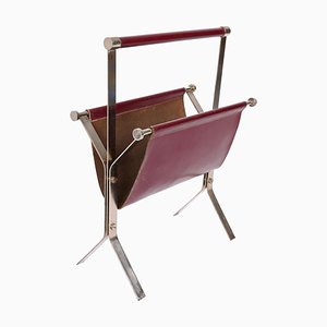 Mid-Century Chromed Steel and Red Leather Magazine Rack from Alessandro Albrizzi, 1970s