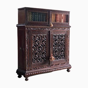 Antique Anglo-Indian Sunburst Teak Bookcase Cabinet, 1850s