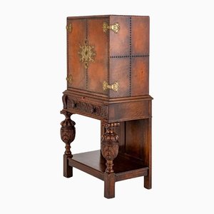 Carved Oak Side Cabinet with Leather Box Top