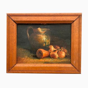 Bodegón con jarra y cebollas, principios del siglo XX, óleo sobre cartón, enmarcado