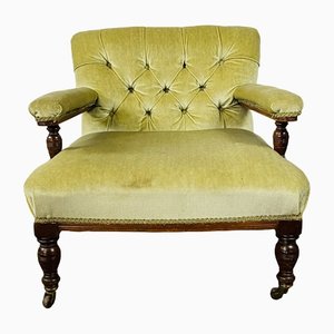 Small Antique English Button-Back Open Armchair on Brass Castors, 1890s