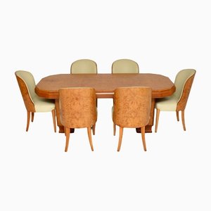 Art Deco Burr Walnut Dining Table & Cloud Back Chairs by Epstein, Set of 7
