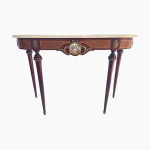 Louis XIV Style Wooden Console with Marble Top, Bronze & Porcelain Ornaments