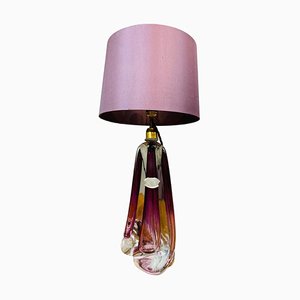 Belgische Lila & Klarglas Kristallglas & Messing Tischlampe von Val Saint Lambert, 1950er