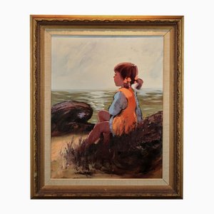 Folke Carlson, On the Seashore Painting, Suecia, óleo sobre lienzo, enmarcado