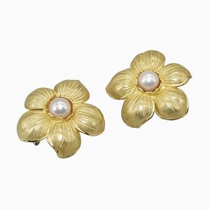 Boucles d'Oreilles Fleur en Or Jaune 18 Carats avec Perles, Set de 2