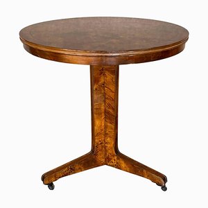 Art Deco Round Pedestal Side Table in Macassar Wood with Wheels, Italy, 1920s