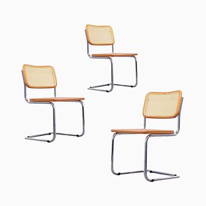 Chairs Cane Wood Tubular Chrome Marcel Breuer Style, 1980ies, Set of 3