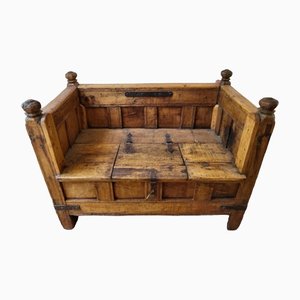 18th Century Spanish Hand Carved Wooden Bench with Storage