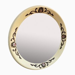 Specchio rotondo Luigi XVI in legno con decorazioni in bronzo