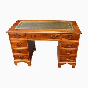 Yew Wood Pedestal Desk with Leather Top, 1960s