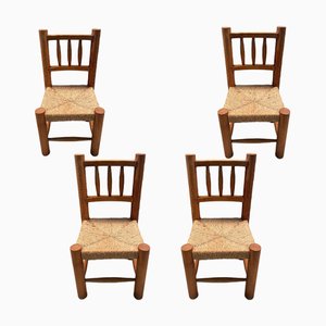 Antique Spanish Brutalist Wood Chairs, Set of 4