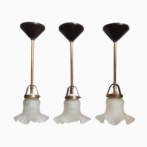 Petites Lampes à Suspension Vintage en Verre Givré, France, Set de 3
