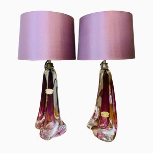 Purple & Clear Crystal Glass Table Lamps from Val Saint Lambert, Set of 2