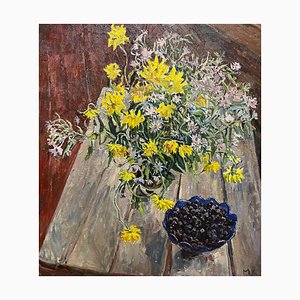 Maya Kopitzeva, Blumen und Blaubeeren, 2000er, Öl auf Leinwand, gerahmt