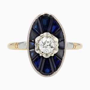 Bague Art Déco en Or Jaune 18 Carats avec Saphir et Diamant, 1925s