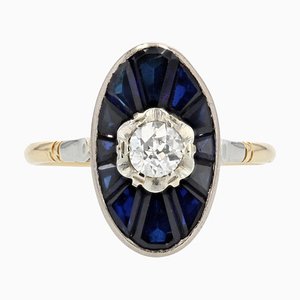 French Art Deco 18 Karat Yellow Gold Ring with Sapphire and Diamond, 1925s