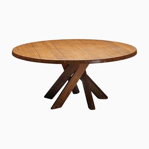 Mesa de comedor T21 redonda de olmo macizo Pierre Chapo, France, 1973
