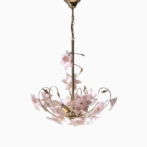 Lampadario vintage in vetro di Murano rosa