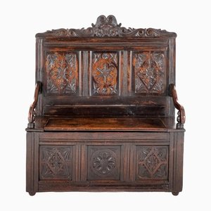 Carved Hall Oak Bench Cabinet, 1800s