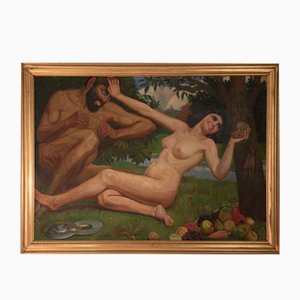 Italian Modernist Painting, Satyr with Nymph, 1950s, Oil on Canvas, Framed