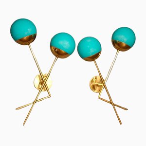 Italian Sconces in Turquoise Blue Murano Glass & Brass, Set of 2