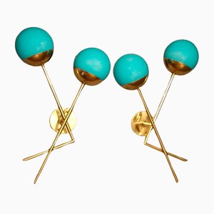 Italienische Wandlampen aus Türkisblauem Muranoglas & Messing, 2er Set