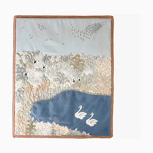 Tapiz vintage con bordado de lago de los cisnes, años 70
