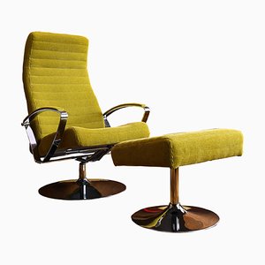 Swivelling Lounge Chair with Footrest in Yellow Corduroy