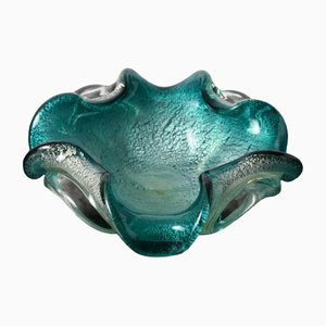 Vintage Turquoise Glass and Silver Foil Bowl from Murano, 1960s