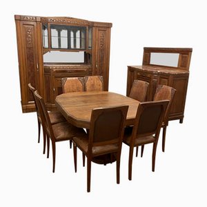 Art DEco Walnut Dining Tables and Chairs, Set of 12