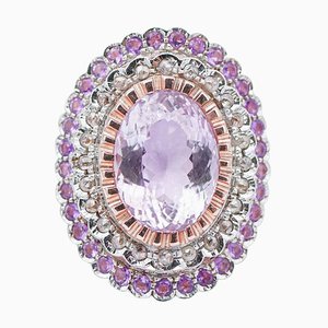 Vintage Amethysts, Diamonds, Rose Gold and Silver Ring