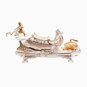 George II Silver Plate Cherub Swan Boat Centerpiece Dish