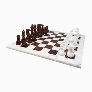 Brown and White Volterra Alabaster Chess Set, Italy, 1970s, Set of 33