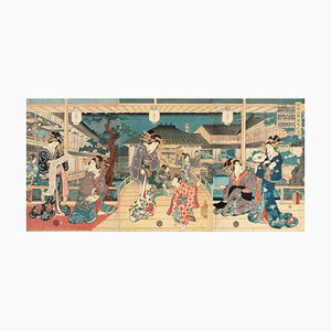 Utagawa Kunisada, Bijin y niños en un porche con linternas, grabado, década de 1870
