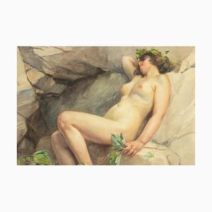 Giuseppe Lallich, mujer desnuda en las rocas, dibujo original, principios del siglo XX