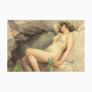 Giuseppe Lallich, Nude Woman on the Rocks, Original Drawing, Early 20th-Century