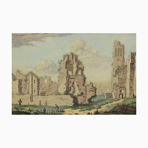 Abraham Rademaker, Ruines Antiques, Aquarelle Originale, 18ème Siècle