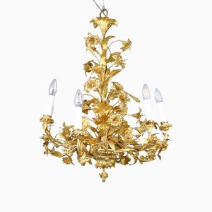 19th Century Gilt Bronze Chandelier with Flowers and Leaves