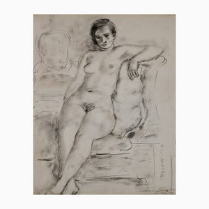 Suzanne Van Damme, desnuda sentada, 1935, dibujo a tinta, enmarcado