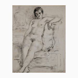 Suzanne Van Damme, Seated Nude, 1935, Ink Drawing, Framed
