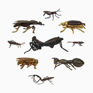 Insectos japoneses de cobre, latón y madera. Juego de 9