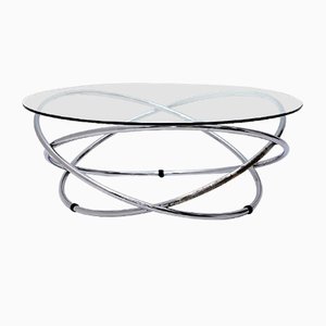 Round Coffee Table in Chromed Metal & Glass Top, 1970s