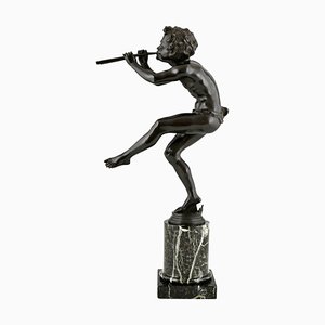 Art Deco Bronzeskulptur des tanzenden Fauns mit Flöten von Edouard Drouot, 1920