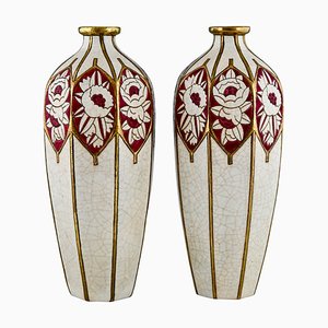 Art Deco Ceramic Vases with Stylized Peonies & Roses by Maurice Paul Chevallier for Longwy 1925, Set of 2